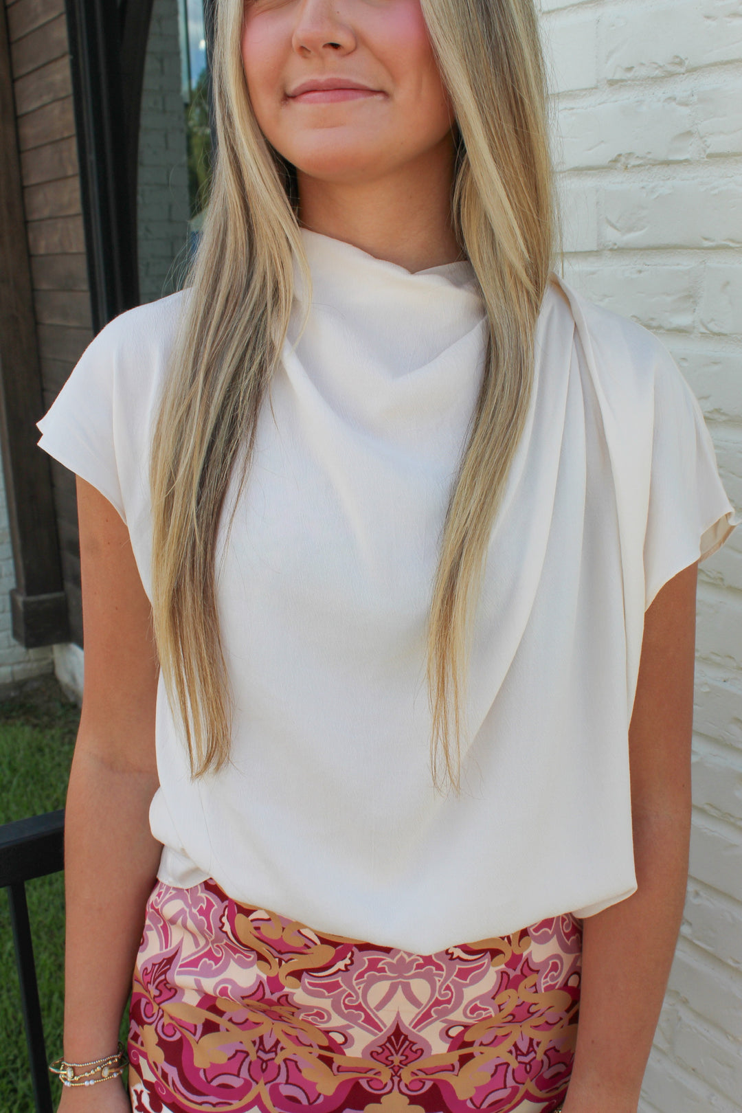 CLAIRE COWL NECK CAP SLEEVE TOP