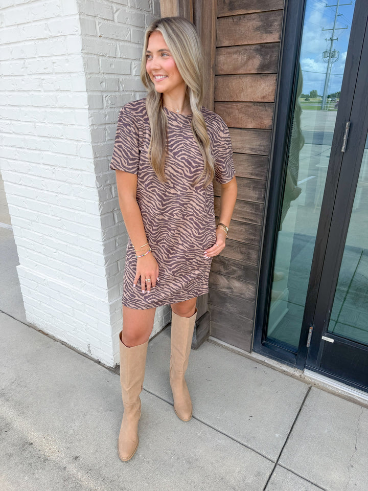 SIENNA TIGER PRINT DARK BROWN DRESS