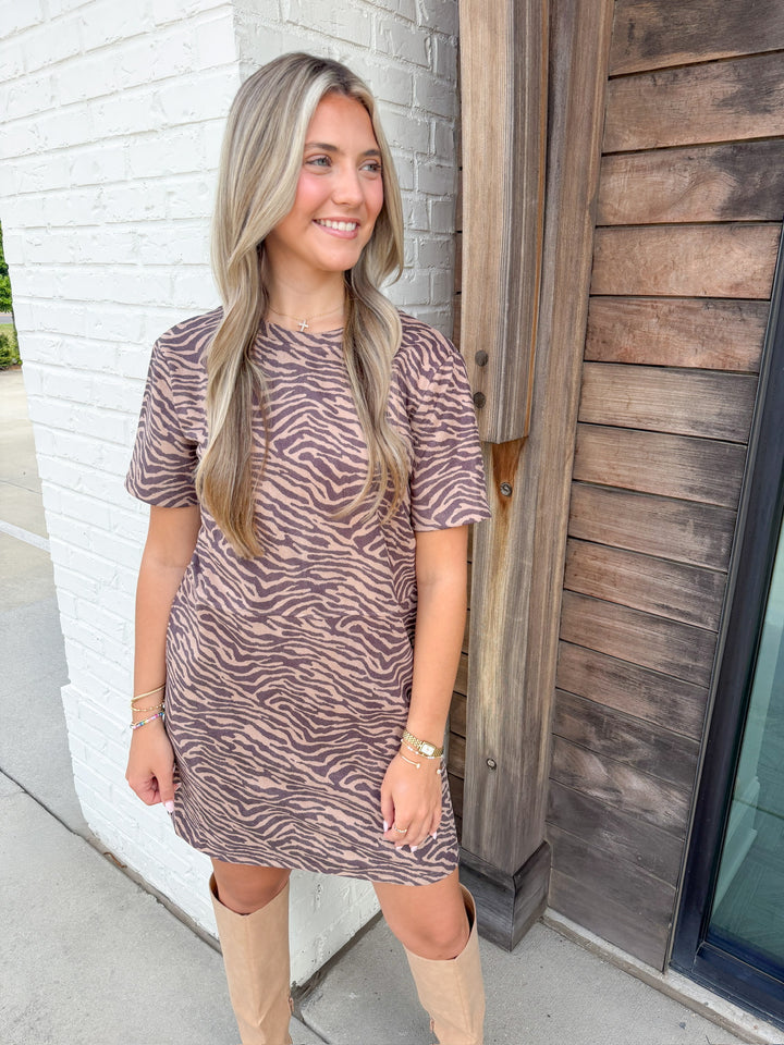 SIENNA TIGER PRINT DARK BROWN DRESS