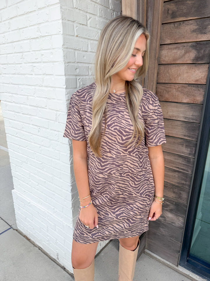 SIENNA TIGER PRINT DARK BROWN DRESS