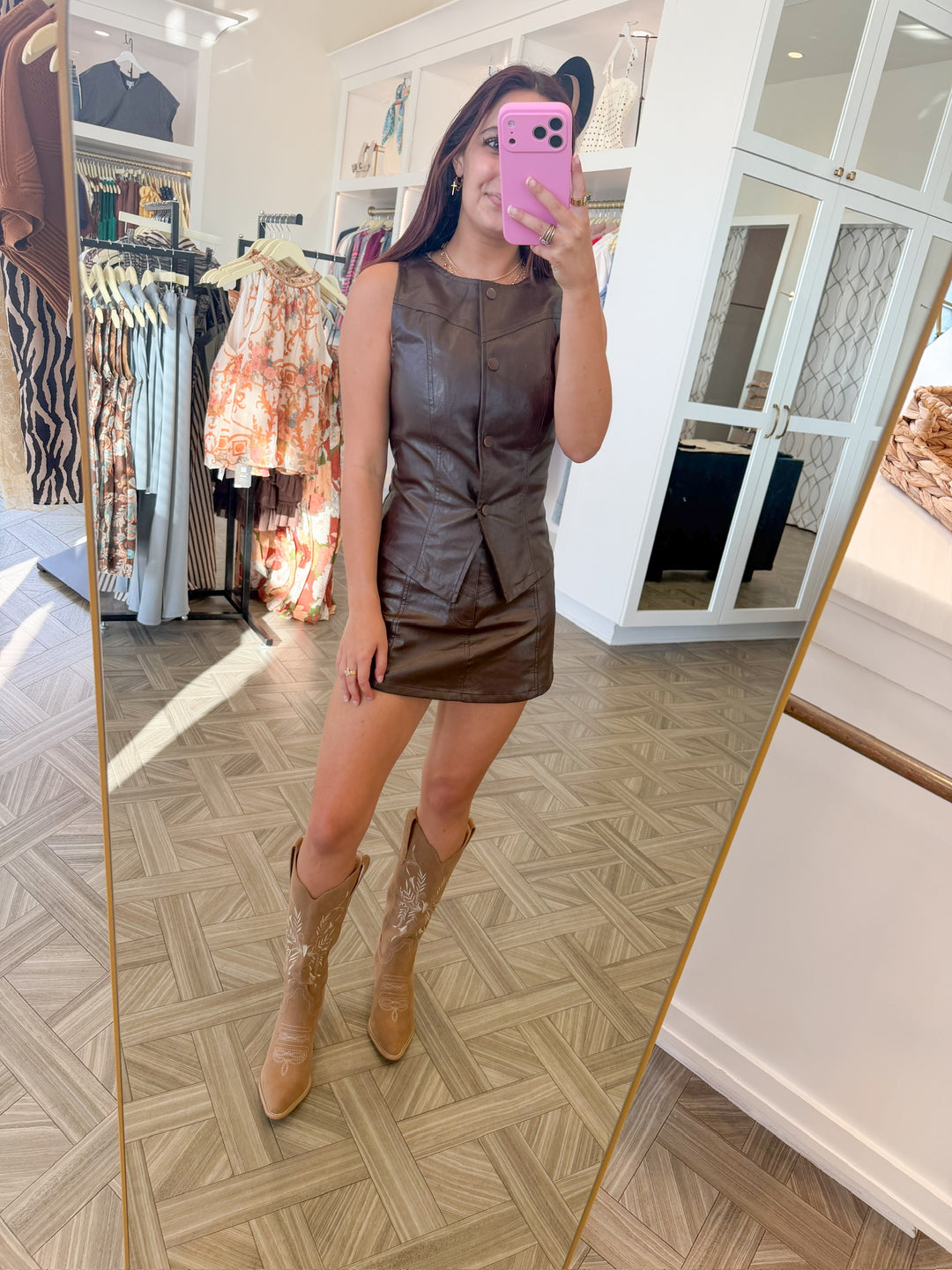 WORTH THE HYPE BROWN LEATHER MATCHING SET VEST