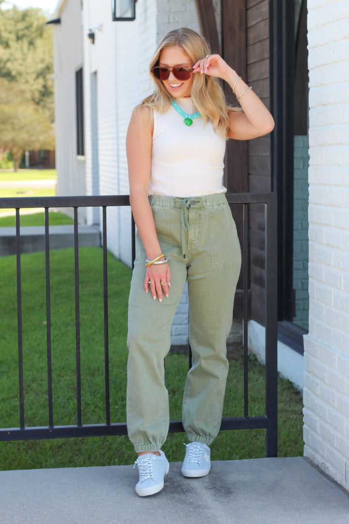 OLIVE CRUSH DENIM JOGGER