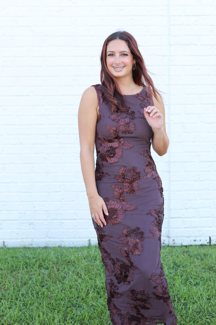 THE STATEMENT BROWN 3D PRINT FLORAL MIDI DRESS