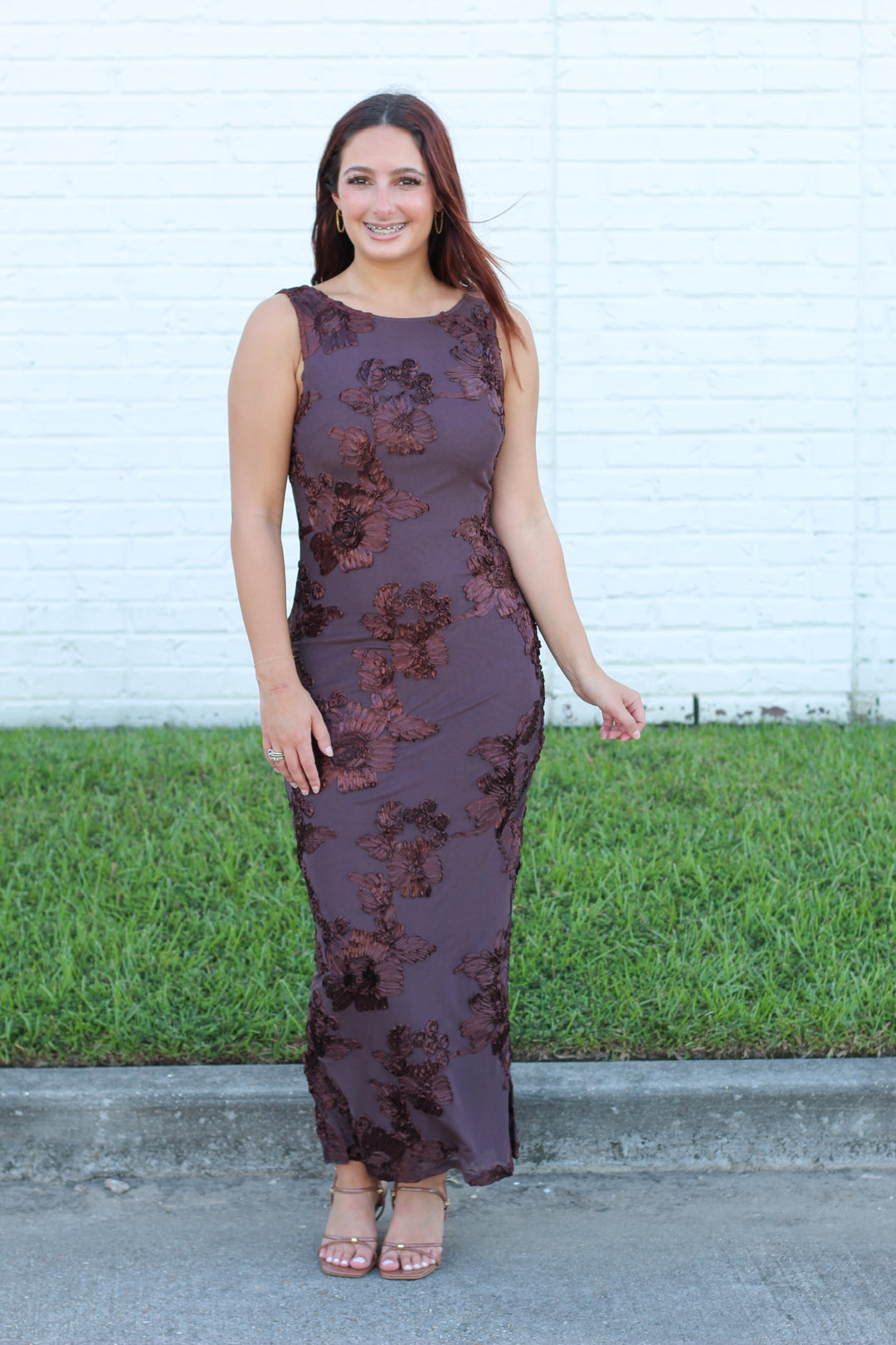 THE STATEMENT BROWN 3D PRINT FLORAL MIDI DRESS