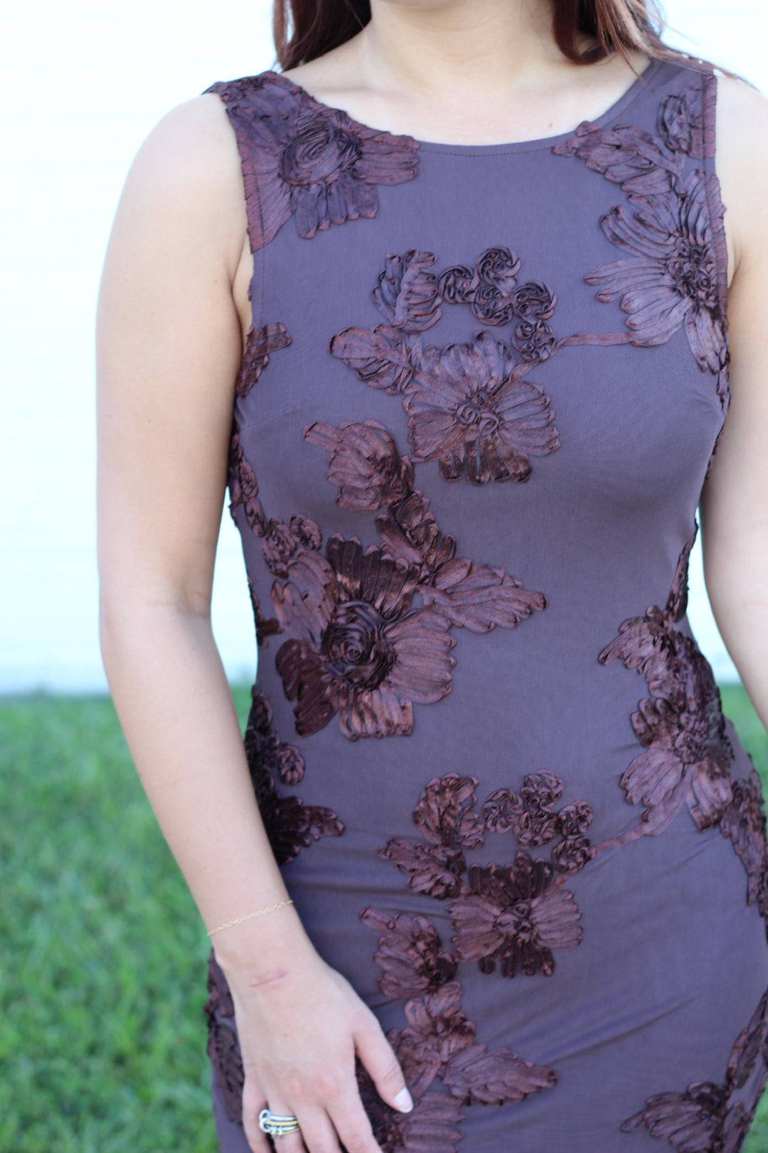 THE STATEMENT BROWN 3D PRINT FLORAL MIDI DRESS