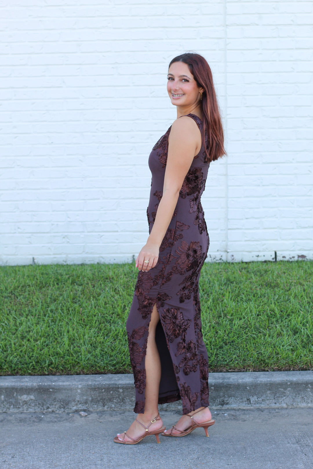 THE STATEMENT BROWN 3D PRINT FLORAL MIDI DRESS