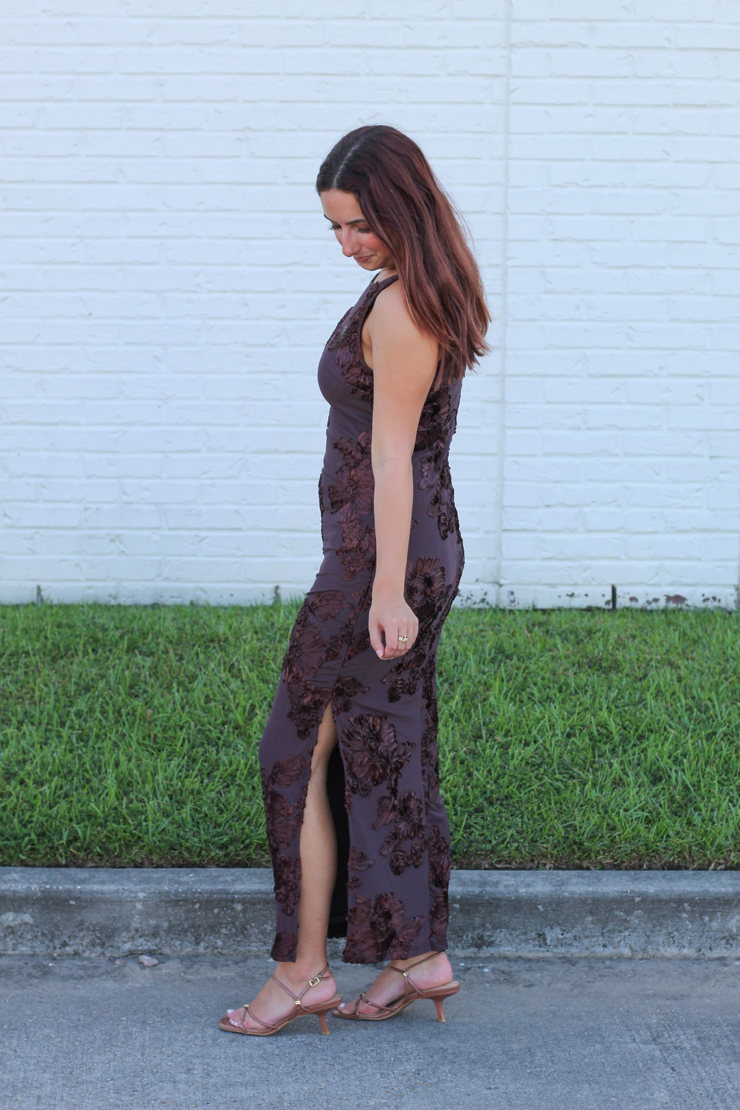 THE STATEMENT BROWN 3D PRINT FLORAL MIDI DRESS