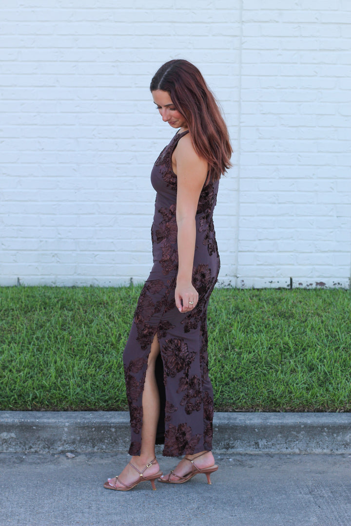 THE STATEMENT BROWN 3D PRINT FLORAL MIDI DRESS
