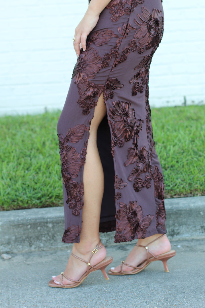THE STATEMENT BROWN 3D PRINT FLORAL MIDI DRESS