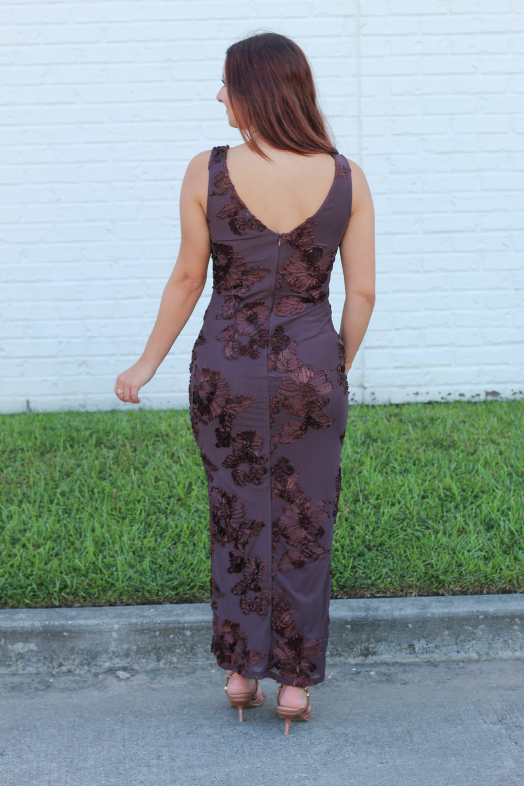 THE STATEMENT BROWN 3D PRINT FLORAL MIDI DRESS