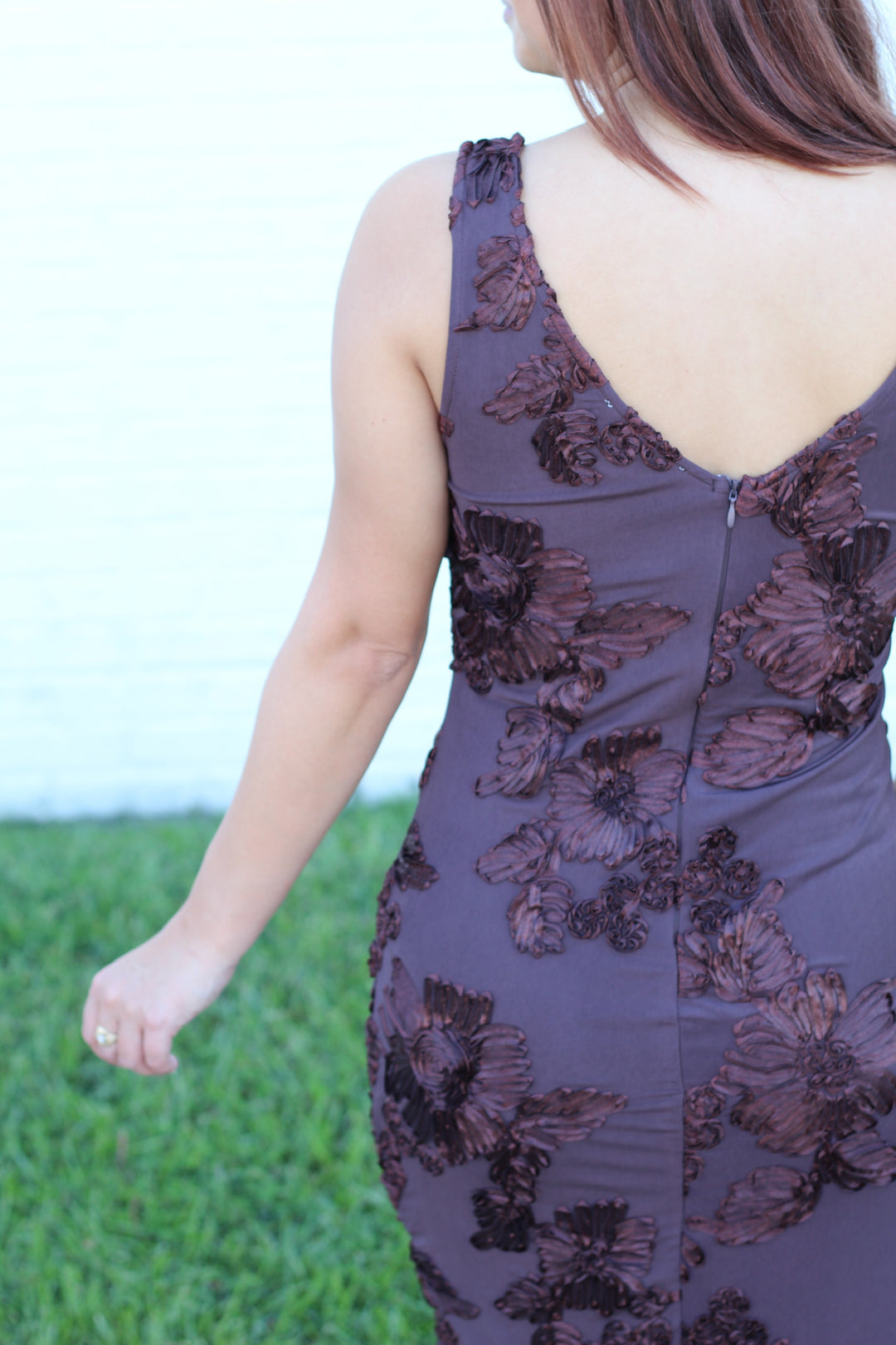 THE STATEMENT BROWN 3D PRINT FLORAL MIDI DRESS