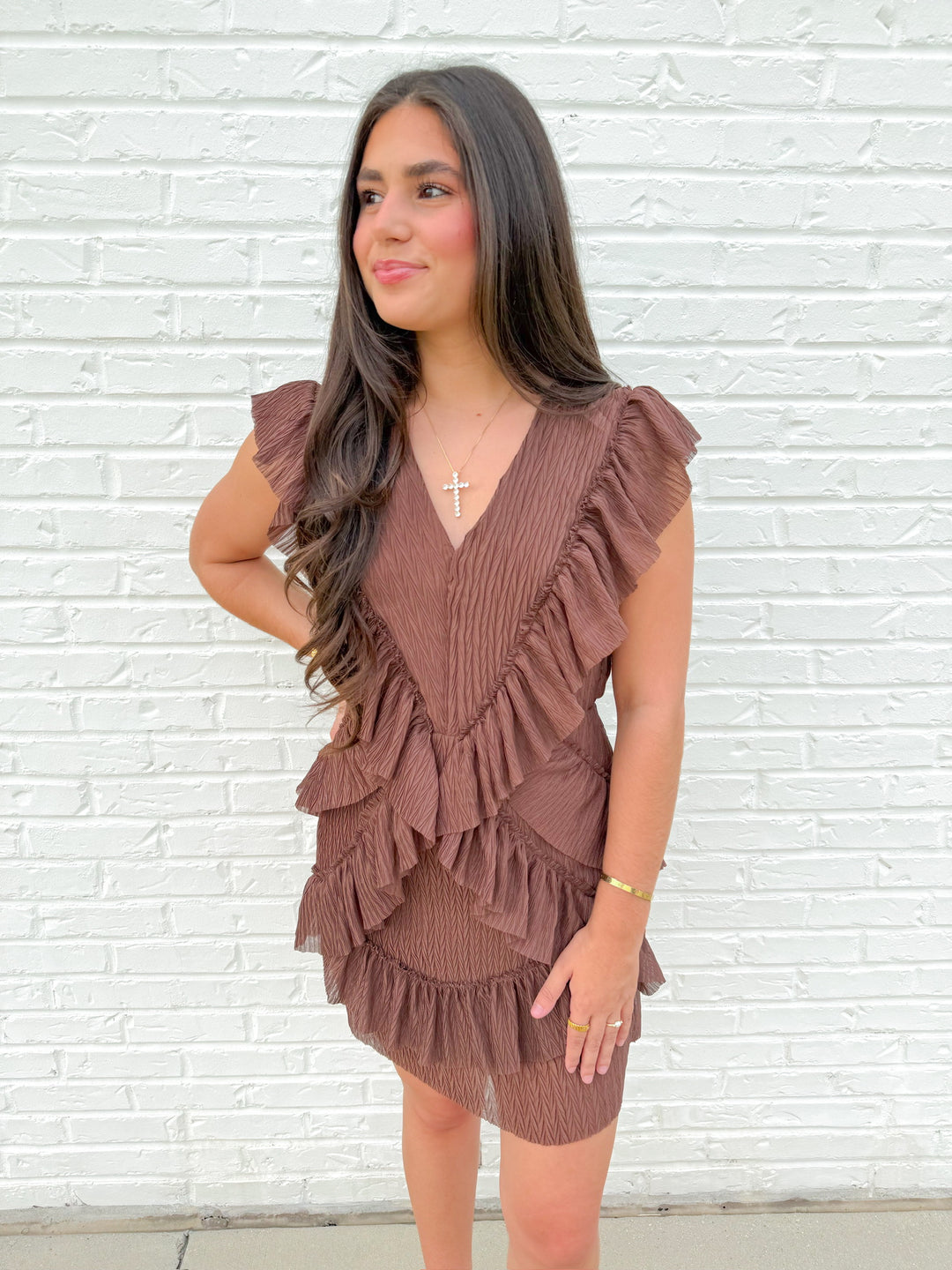 ESPRESSO DEEP V NECK RUFFLE MINI DRESS