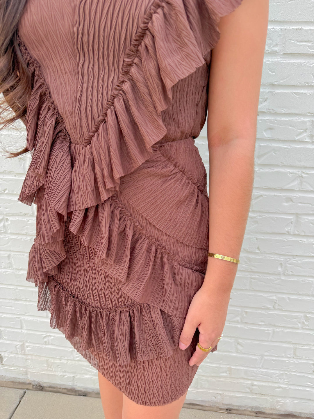 ESPRESSO DEEP V NECK RUFFLE MINI DRESS