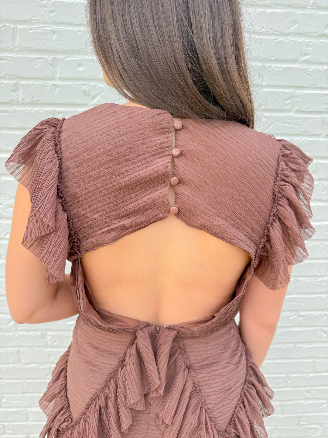 ESPRESSO DEEP V NECK RUFFLE MINI DRESS