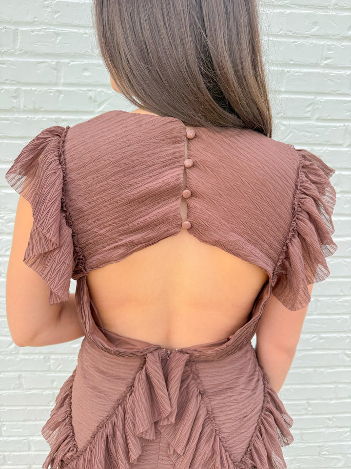 ESPRESSO DEEP V NECK RUFFLE MINI DRESS