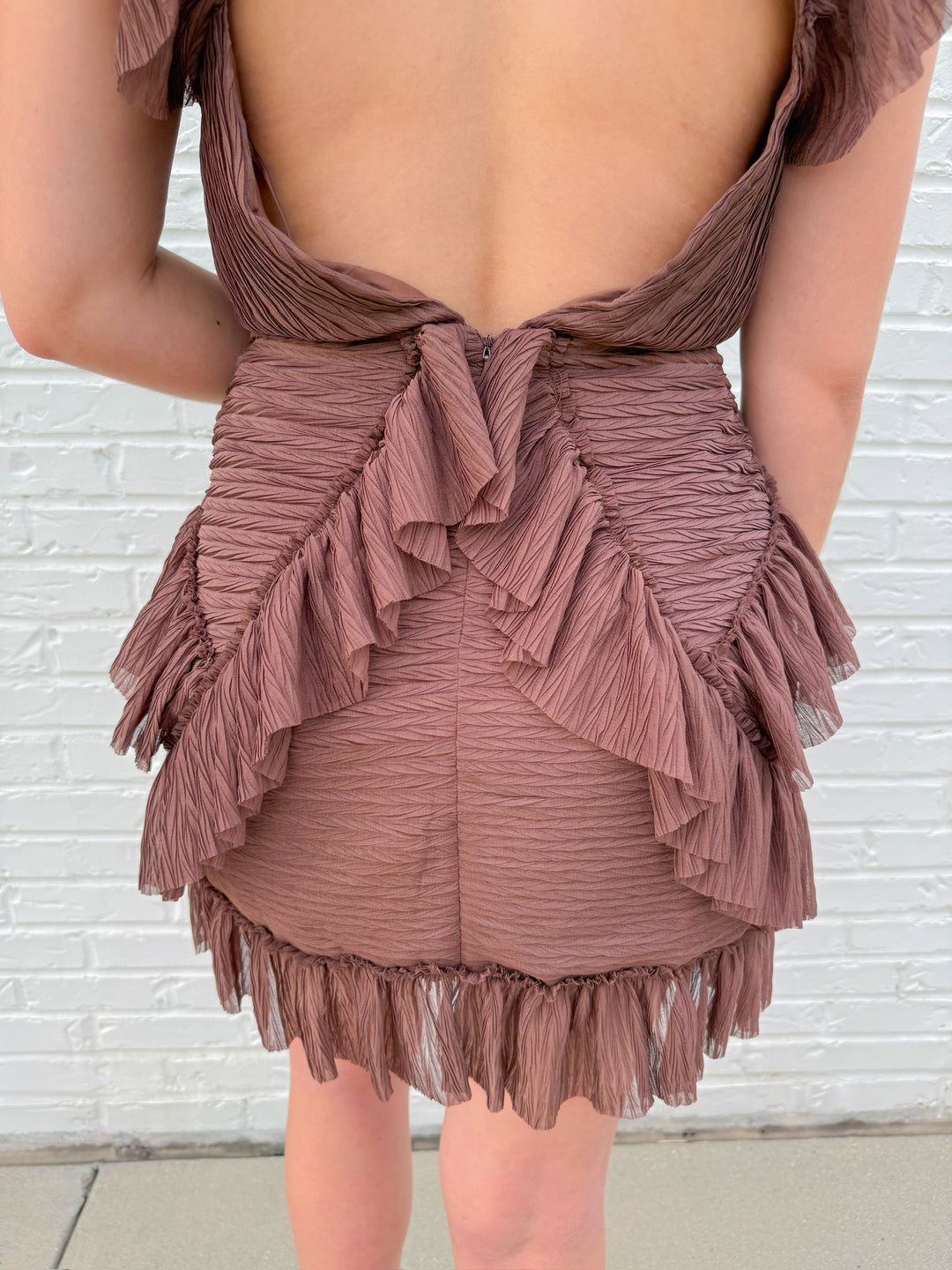 ESPRESSO DEEP V NECK RUFFLE MINI DRESS