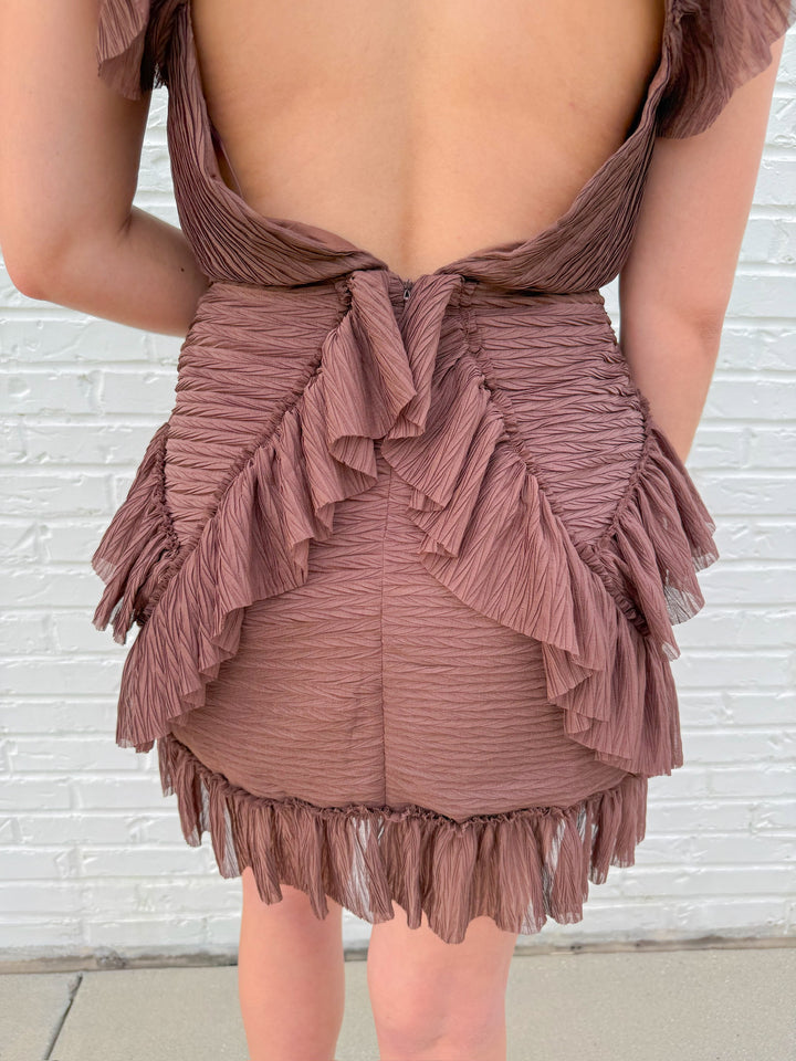 ESPRESSO DEEP V NECK RUFFLE MINI DRESS