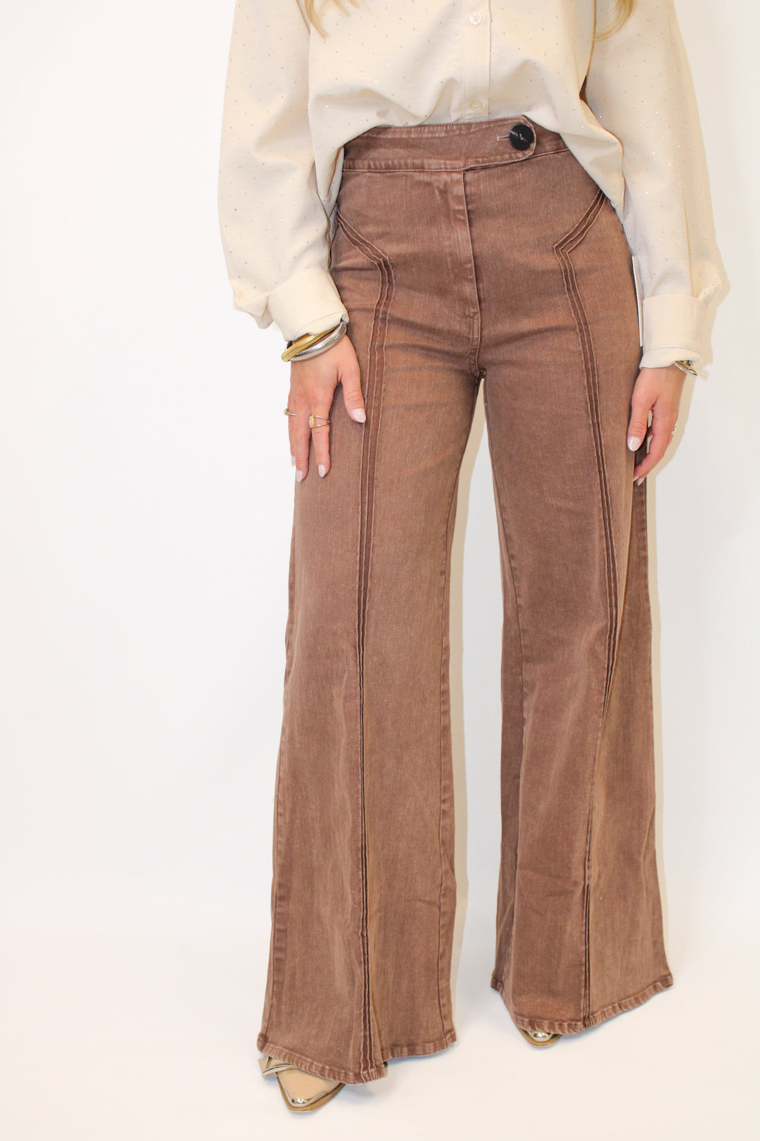PURE FORM HIGH WAISTED CONTRAST STITCH FLARE PANT