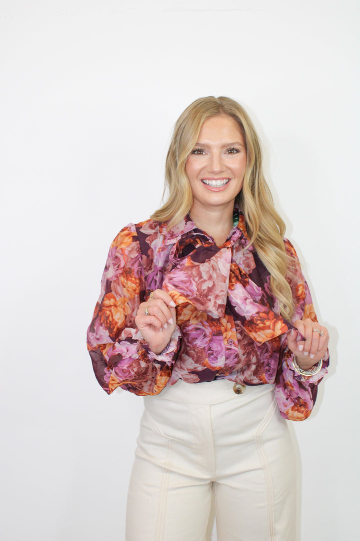 ALL TIED UP PURPLE FLORAL BLOUSE