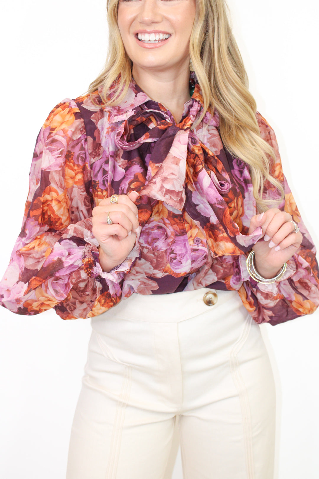 ALL TIED UP PURPLE FLORAL BLOUSE