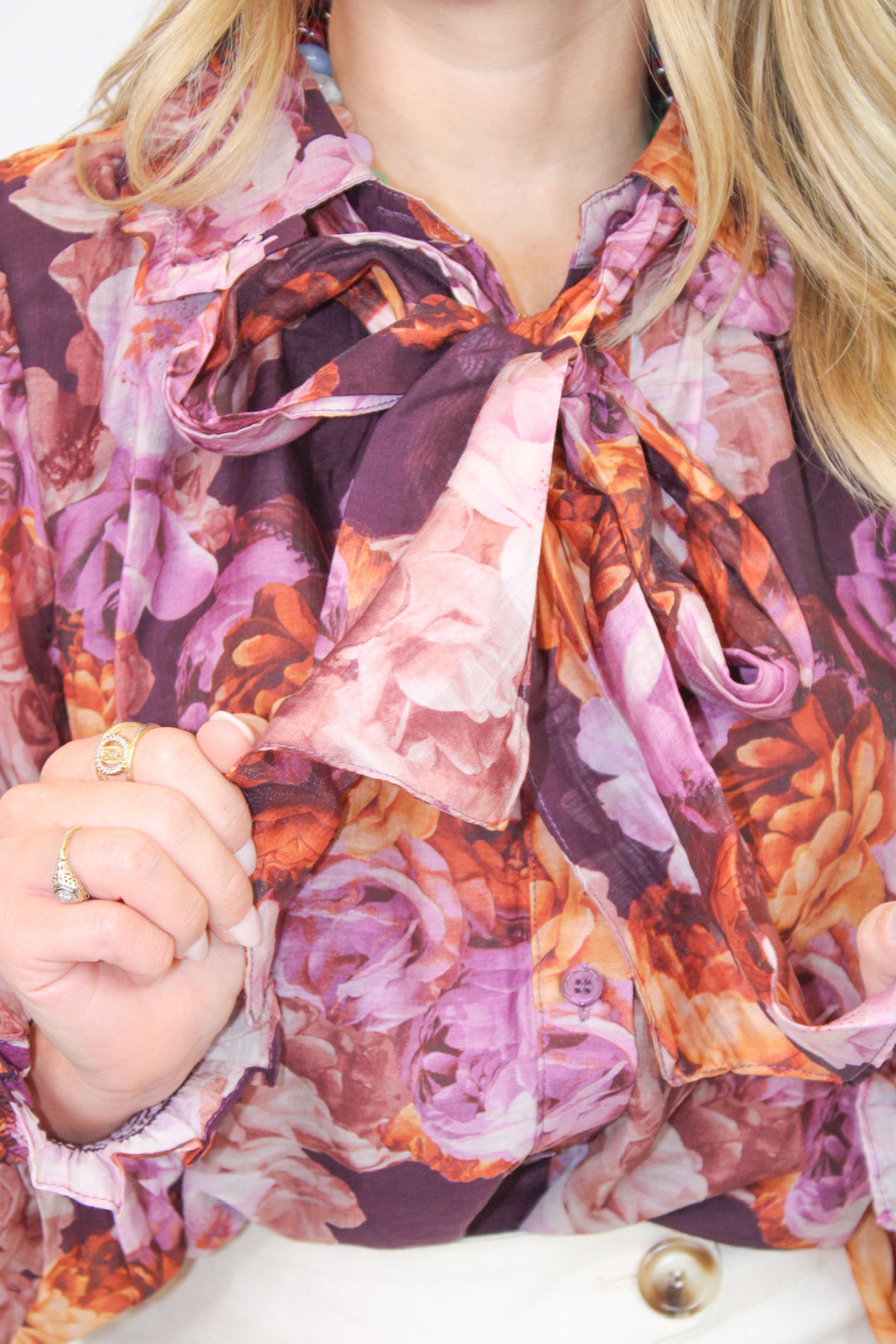 ALL TIED UP PURPLE FLORAL BLOUSE