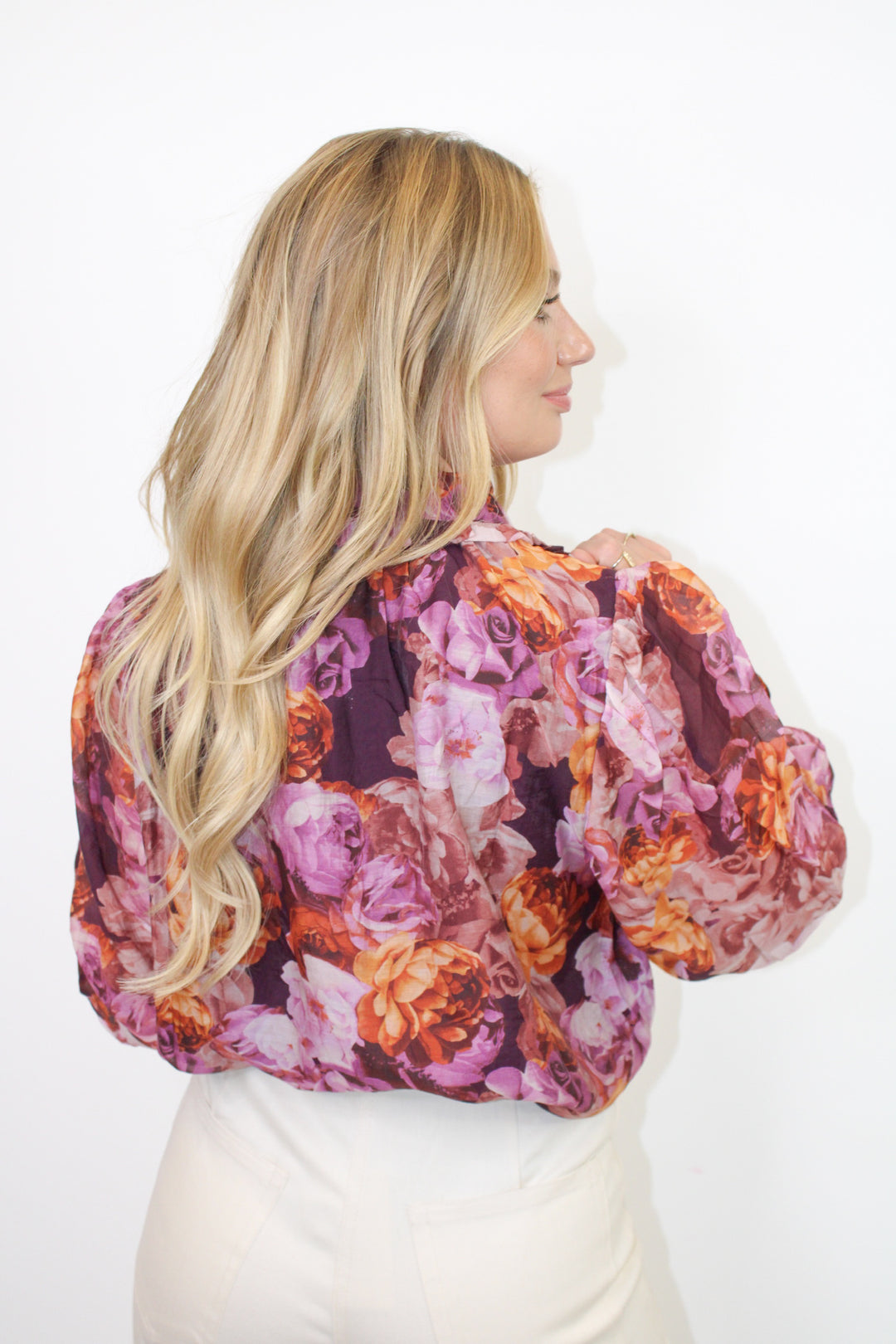 ALL TIED UP PURPLE FLORAL BLOUSE