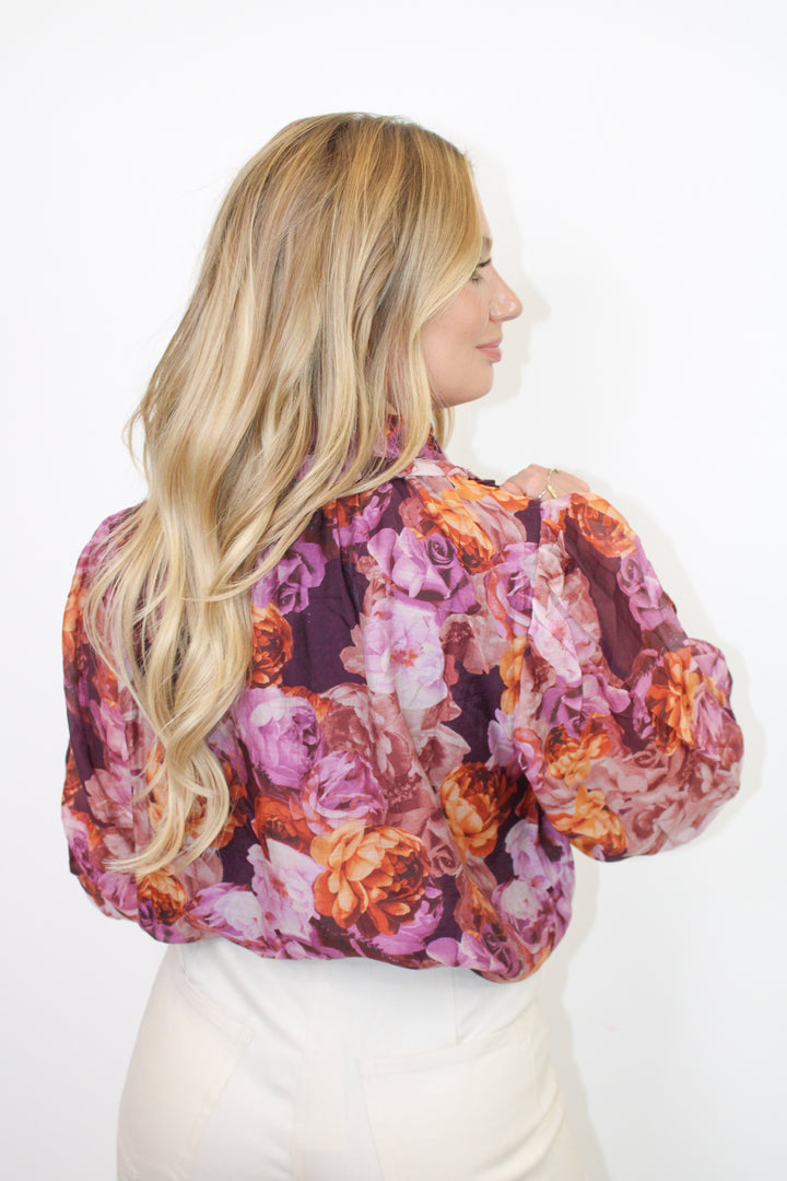 ALL TIED UP PURPLE FLORAL BLOUSE