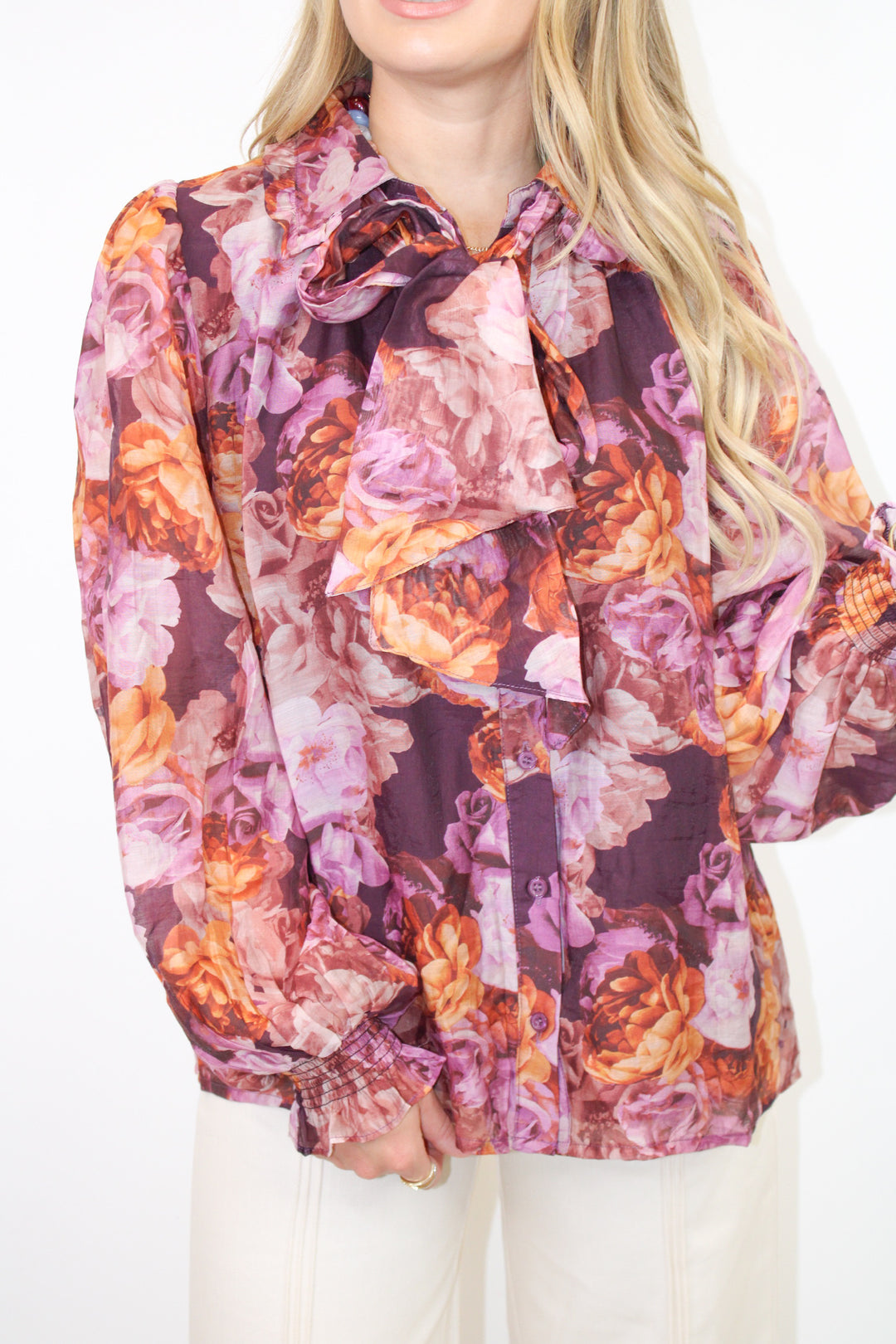 ALL TIED UP PURPLE FLORAL BLOUSE