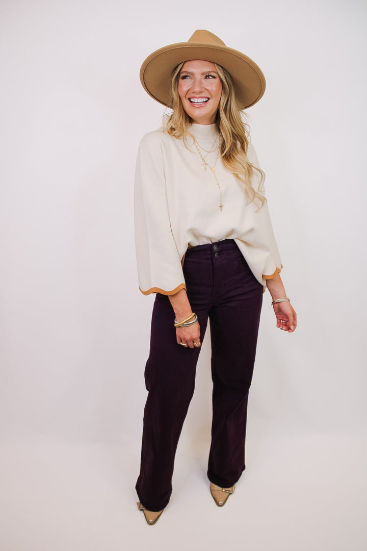 SCALLOPED EDGE MOCK NECK SWEATER