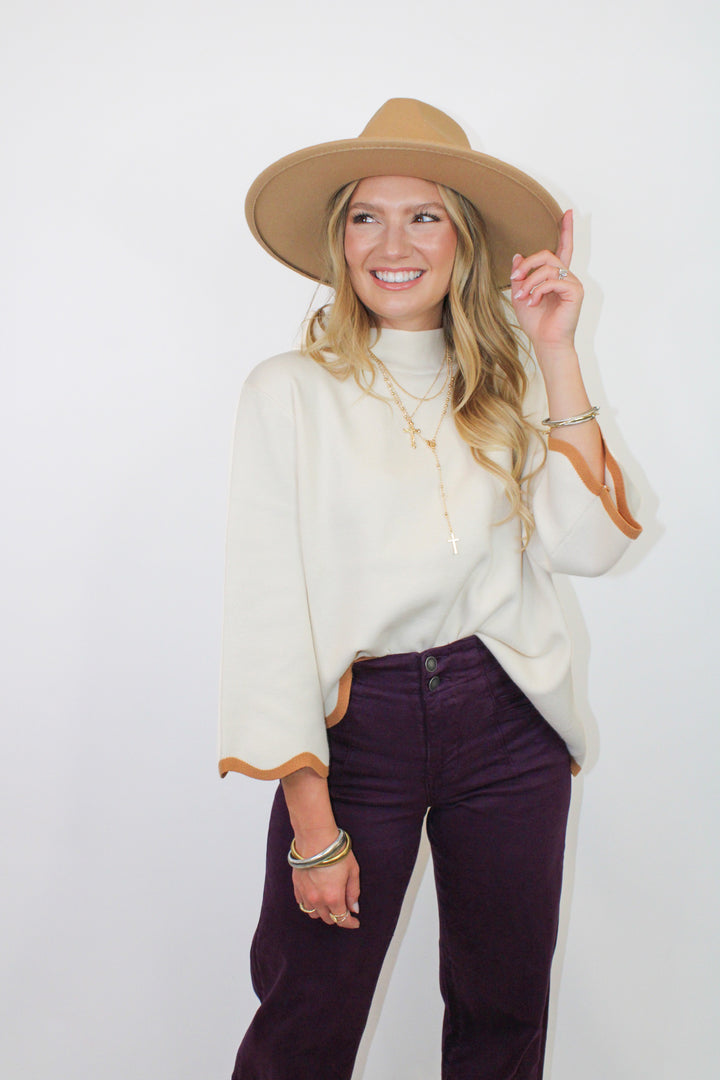 SCALLOPED EDGE MOCK NECK SWEATER