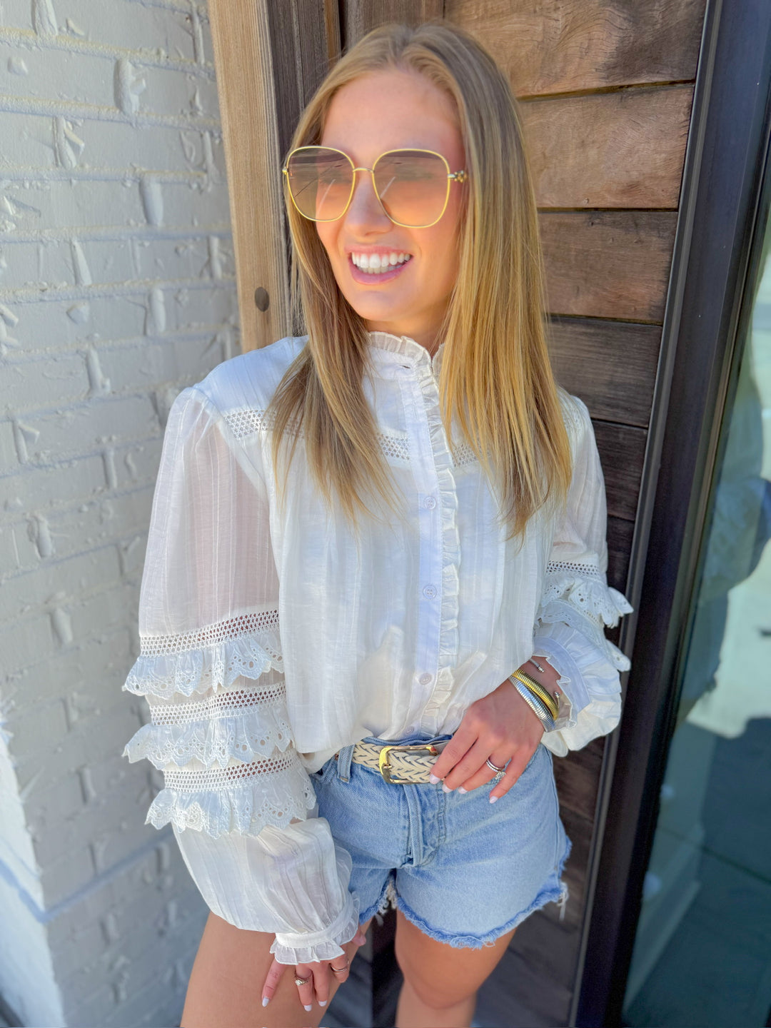 SWEET SERENITY LACE TRIM BUTTON DOWN