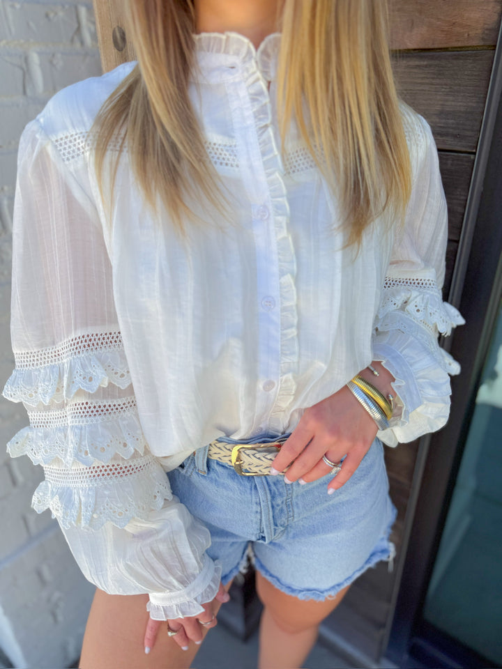 SWEET SERENITY LACE TRIM BUTTON DOWN
