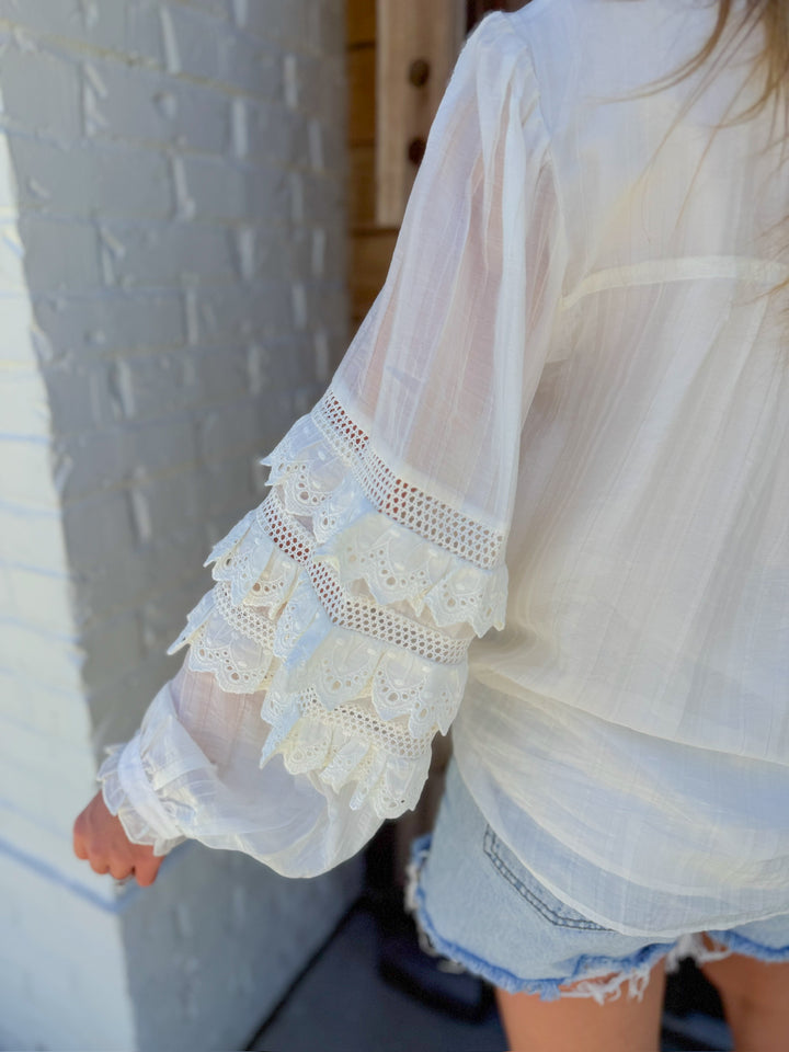 SWEET SERENITY LACE TRIM BUTTON DOWN