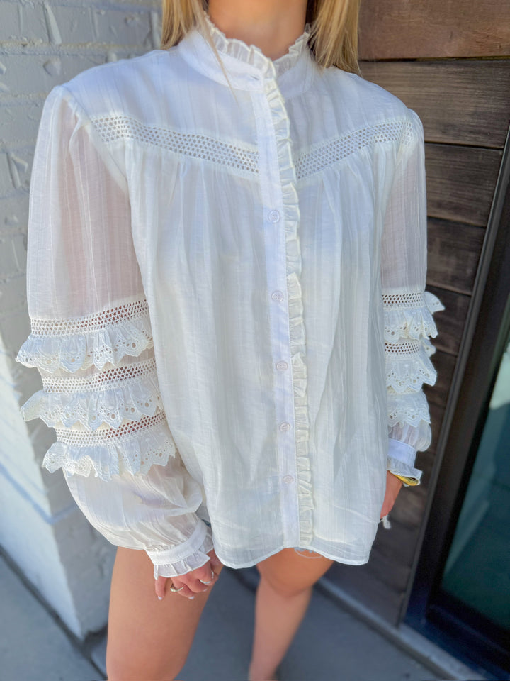 SWEET SERENITY LACE TRIM BUTTON DOWN