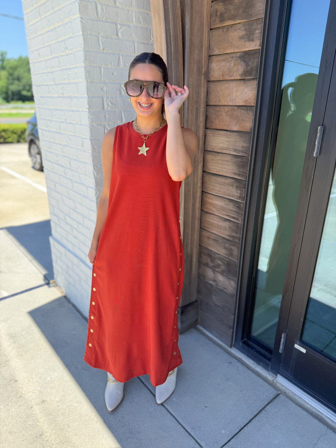 GLOW UP MIDI DRESS - RUST
