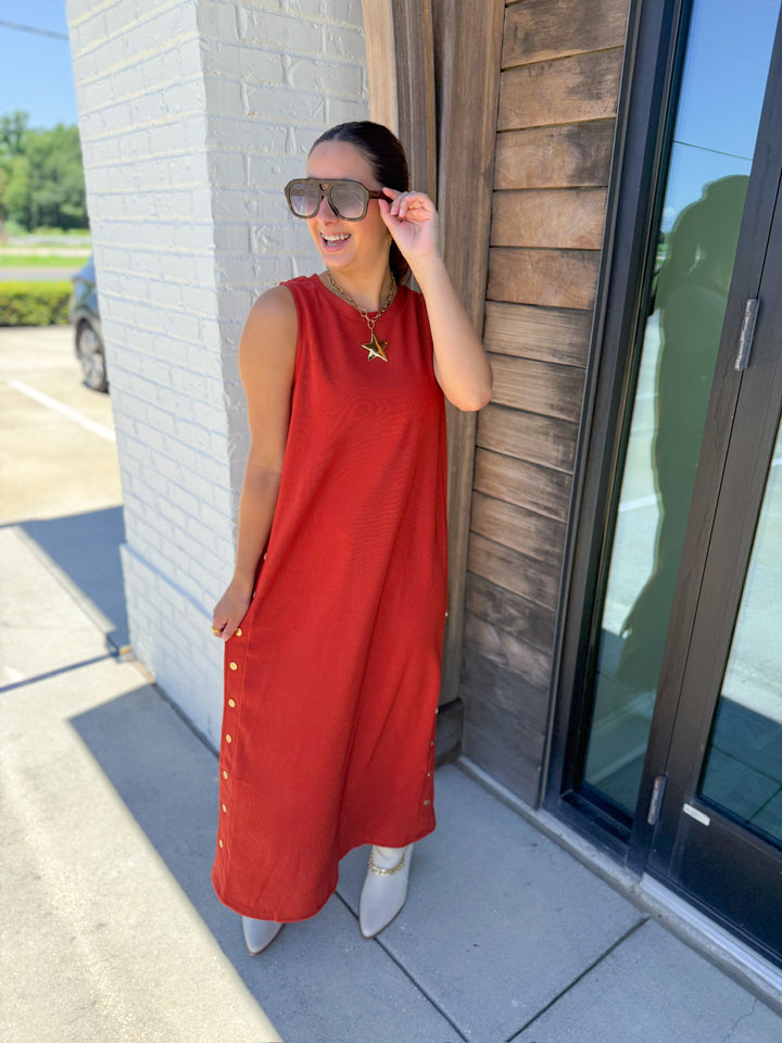 GLOW UP MIDI DRESS - RUST