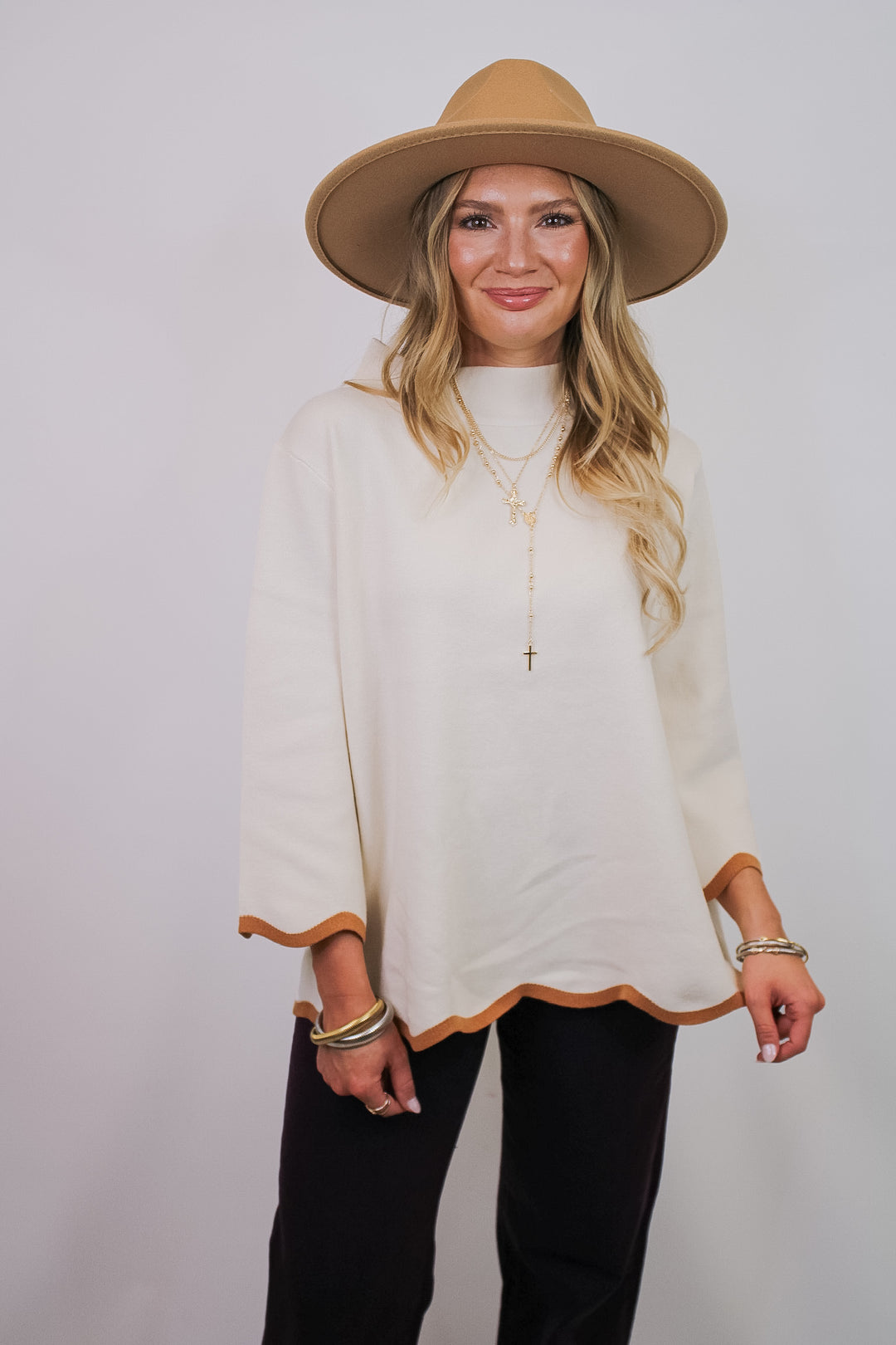 SCALLOPED EDGE MOCK NECK SWEATER