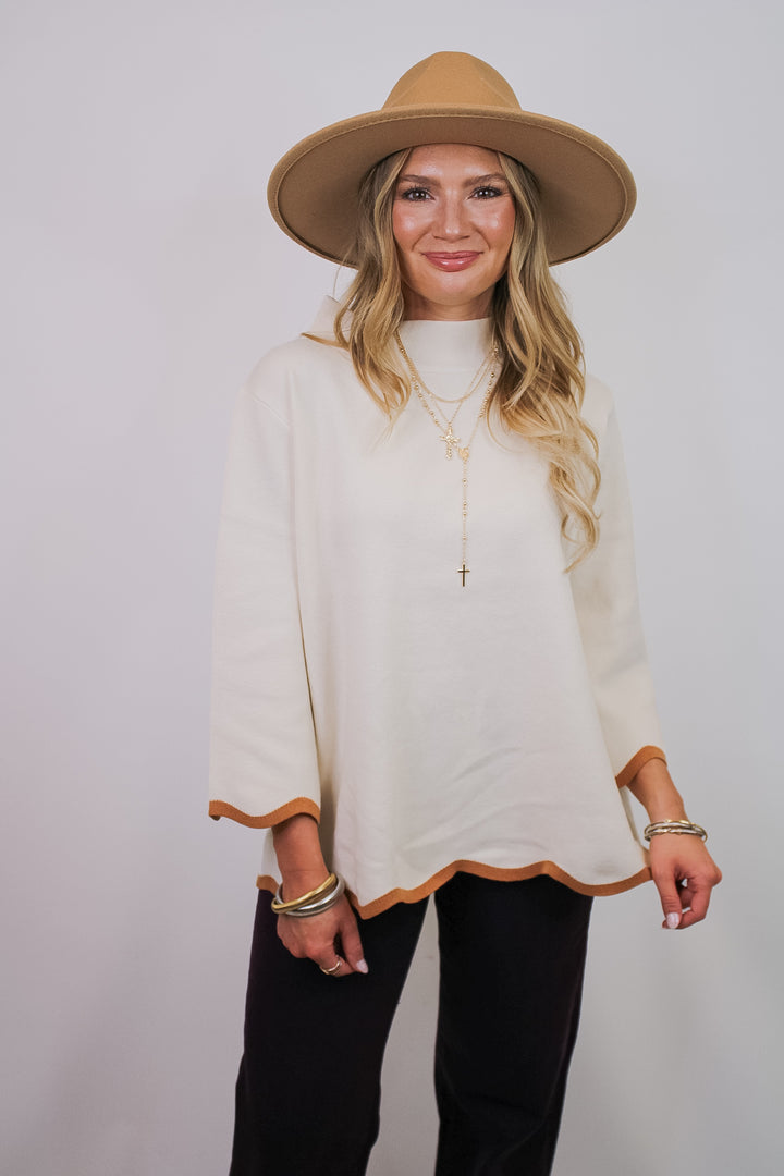 SCALLOPED EDGE MOCK NECK SWEATER