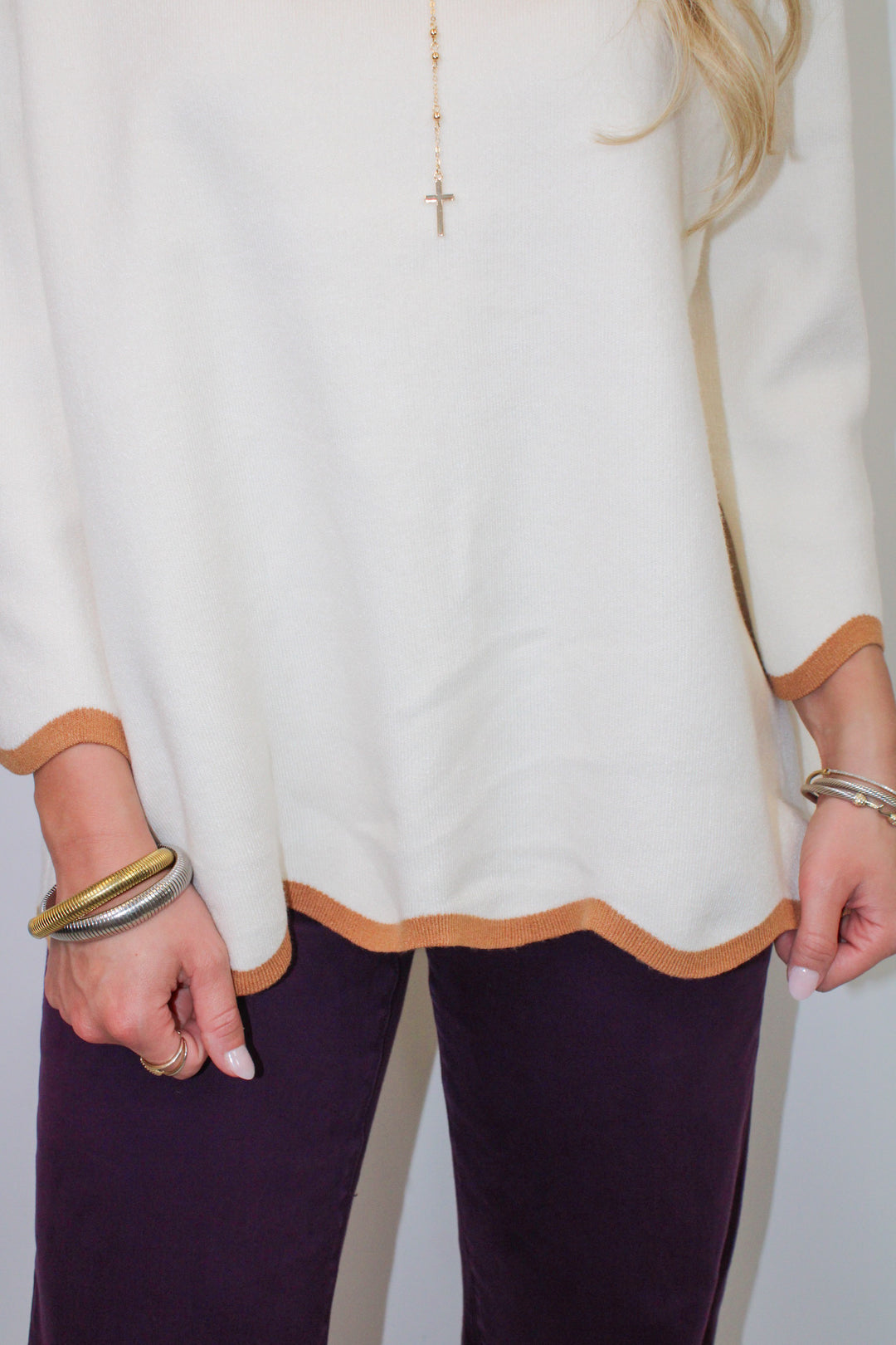 SCALLOPED EDGE MOCK NECK SWEATER