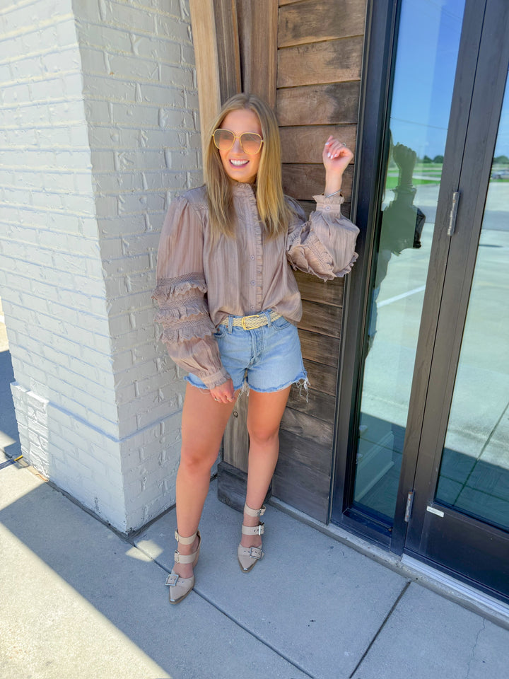 SWEET SERENITY LACE TRIM BUTTON DOWN