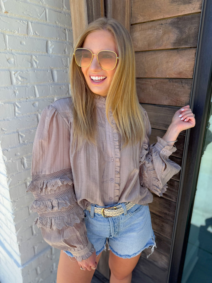 SWEET SERENITY LACE TRIM BUTTON DOWN