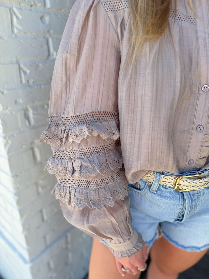 SWEET SERENITY LACE TRIM BUTTON DOWN
