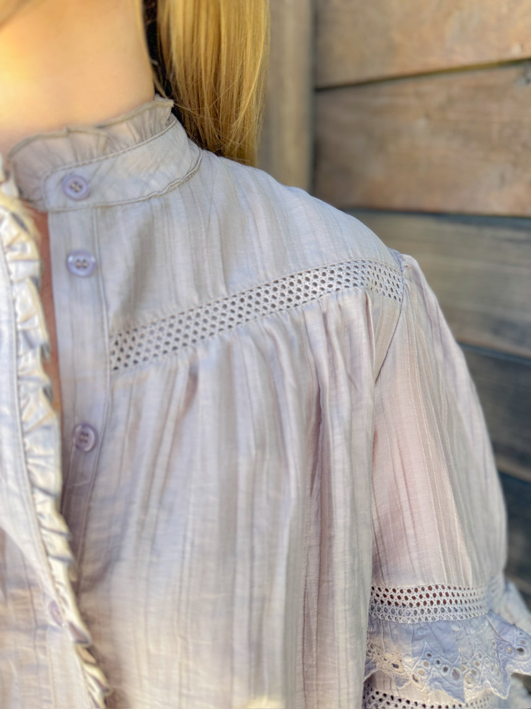 SWEET SERENITY LACE TRIM BUTTON DOWN