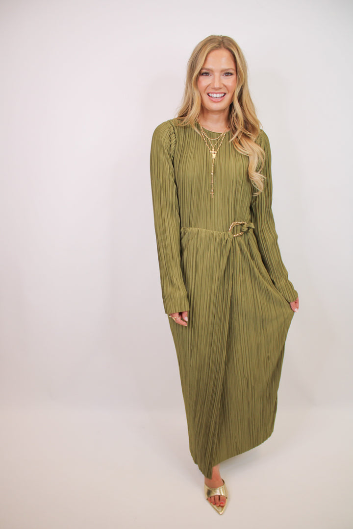 THE EVERLY OLIVE LONG SLEEVE MIDI DRESS