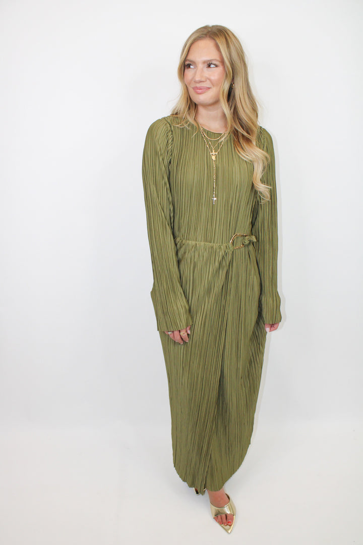 THE EVERLY OLIVE LONG SLEEVE MIDI DRESS
