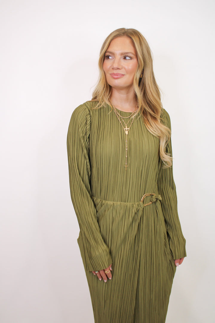 THE EVERLY OLIVE LONG SLEEVE MIDI DRESS