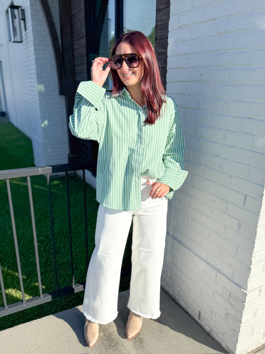 PISTACHIO BUTTON DOWN COLLARED TOP