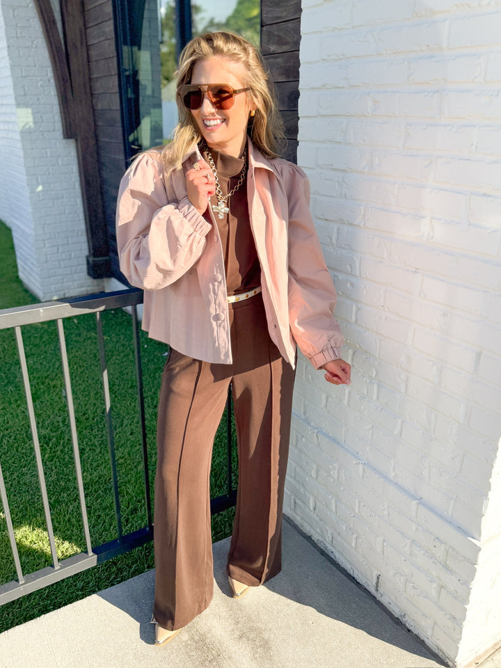 ROSY GATHERED SHOULDER BUTTON DOWN TOP