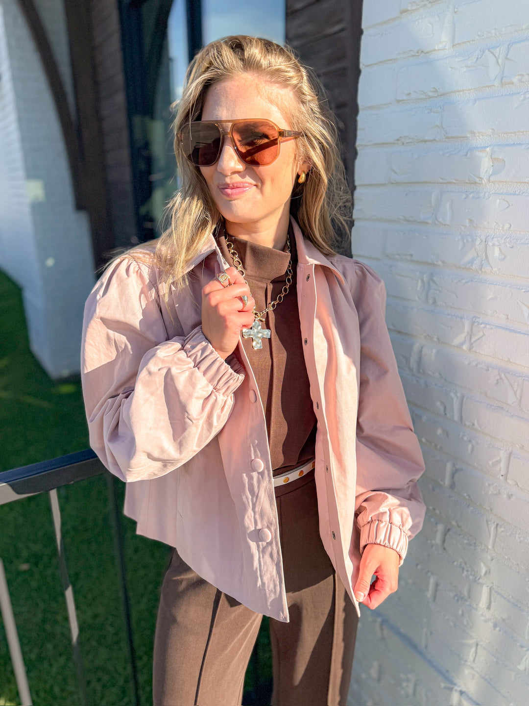 ROSY GATHERED SHOULDER BUTTON DOWN TOP