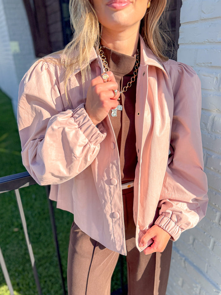 ROSY GATHERED SHOULDER BUTTON DOWN TOP